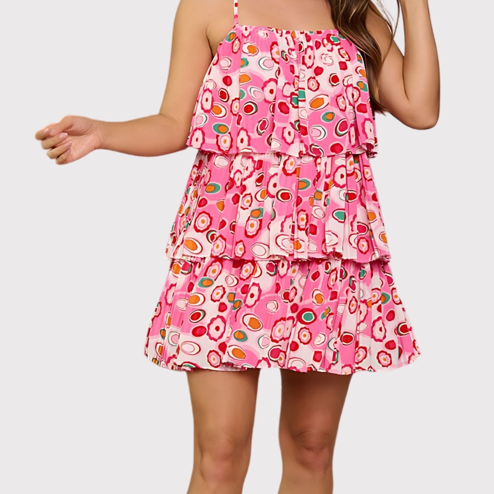 Pink Multicolor Dress Retro 60s Hippie Dress wedding guest tiered size Large
